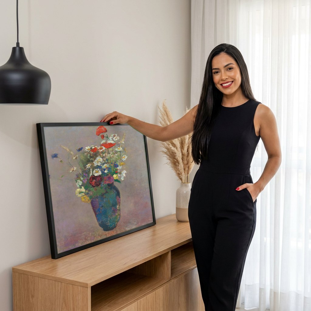 Quadro Decorativo 'Vaso de Flores' - Odilon Redon | modelo apresentando o quadro emoldurado