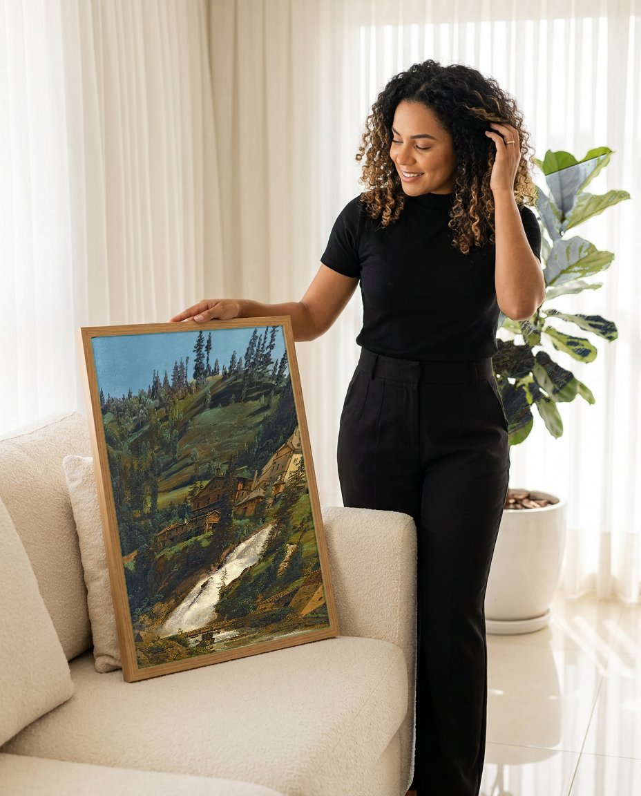 Quadro Decorativo A Cascata de Gastein - F. G. Waldmüller com modelo em ambiente
