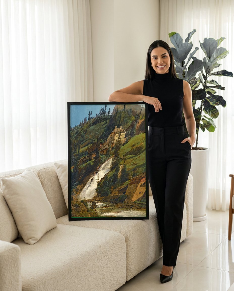 Quadro Decorativo A Cascata de Gastein - F. G. Waldmüller com modelo em ambiente