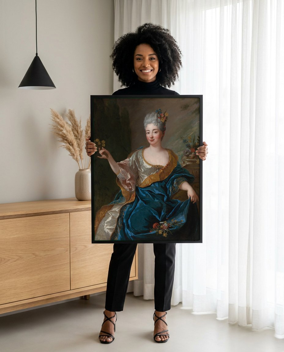Quadro Decorativo Dama com Flores – Jean François de Troy com modelo em ambiente