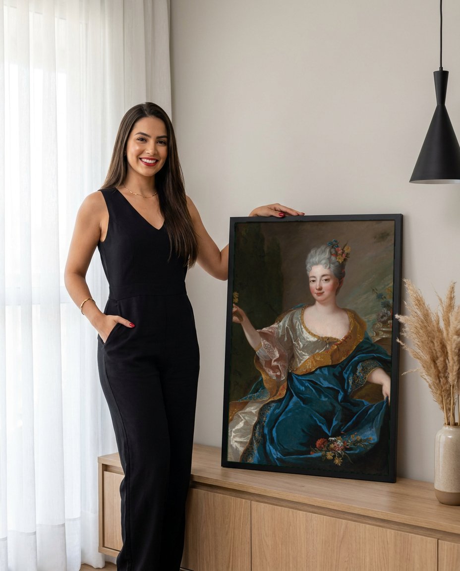 Quadro Decorativo Dama com Flores – Jean François de Troy com modelo em ambiente