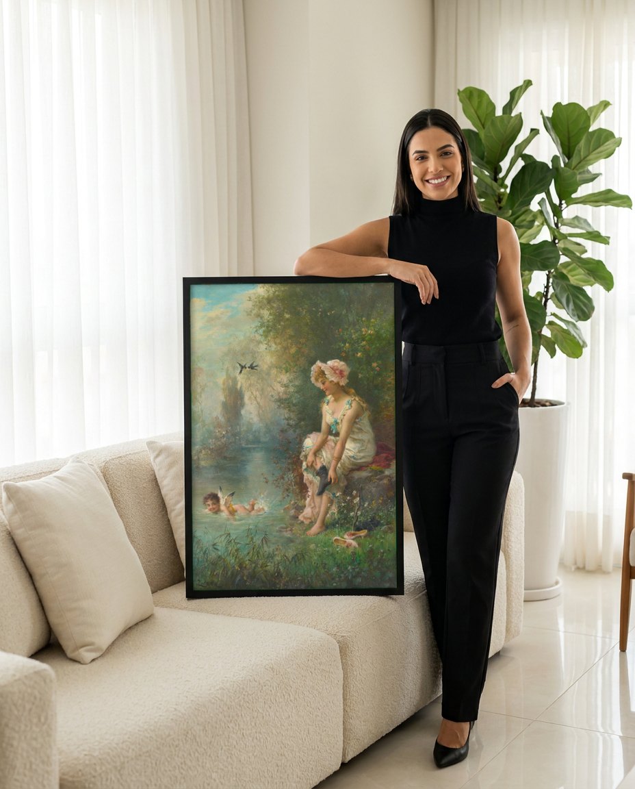 Quadro Decorativo A Ninfa e o Cupido - Hans Zatzka | modelo apresentando o quadro emoldurado