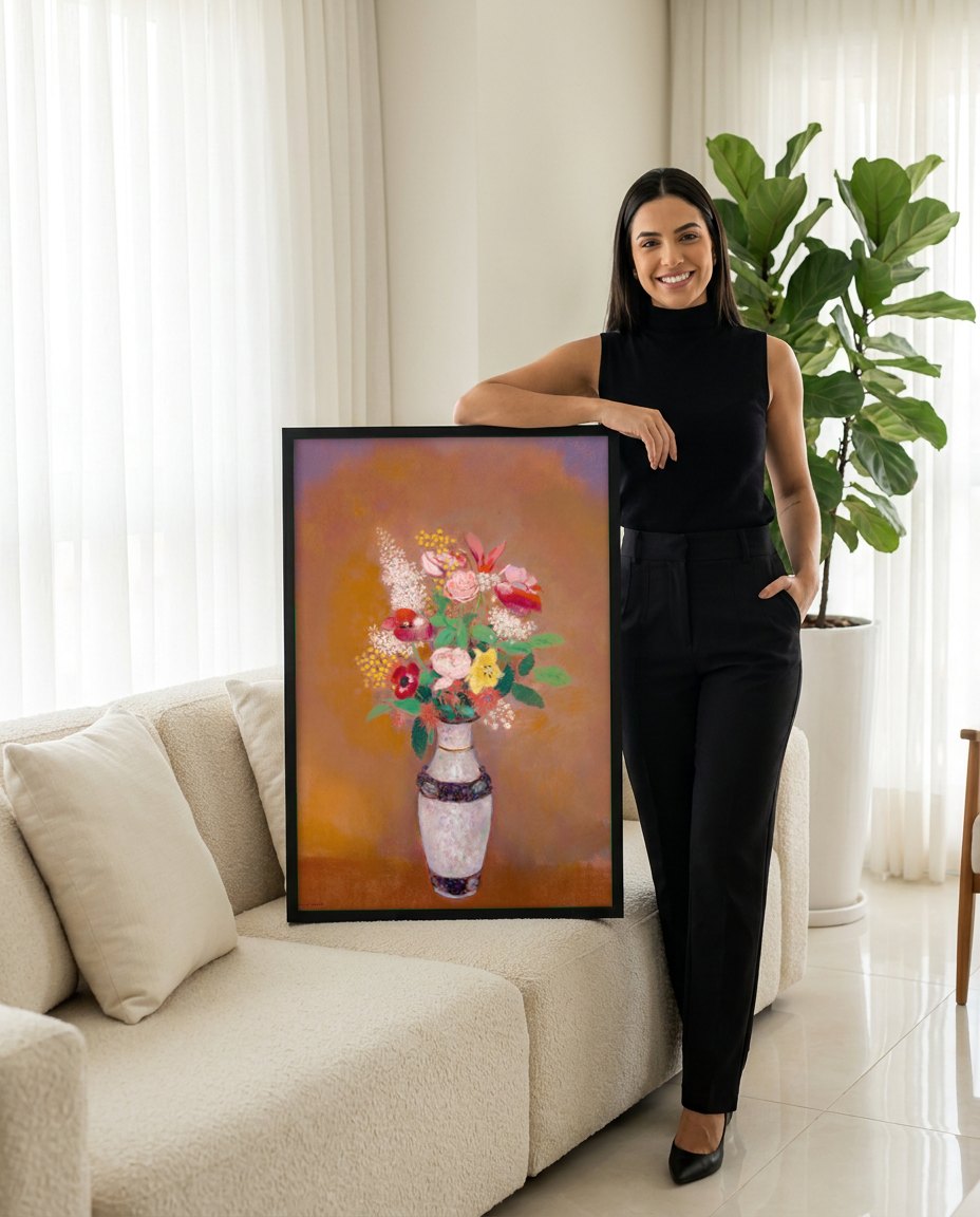 Quadro Decorativo Vaso de Flores - Odilon Redon | modelo apresentando o quadro emoldurado