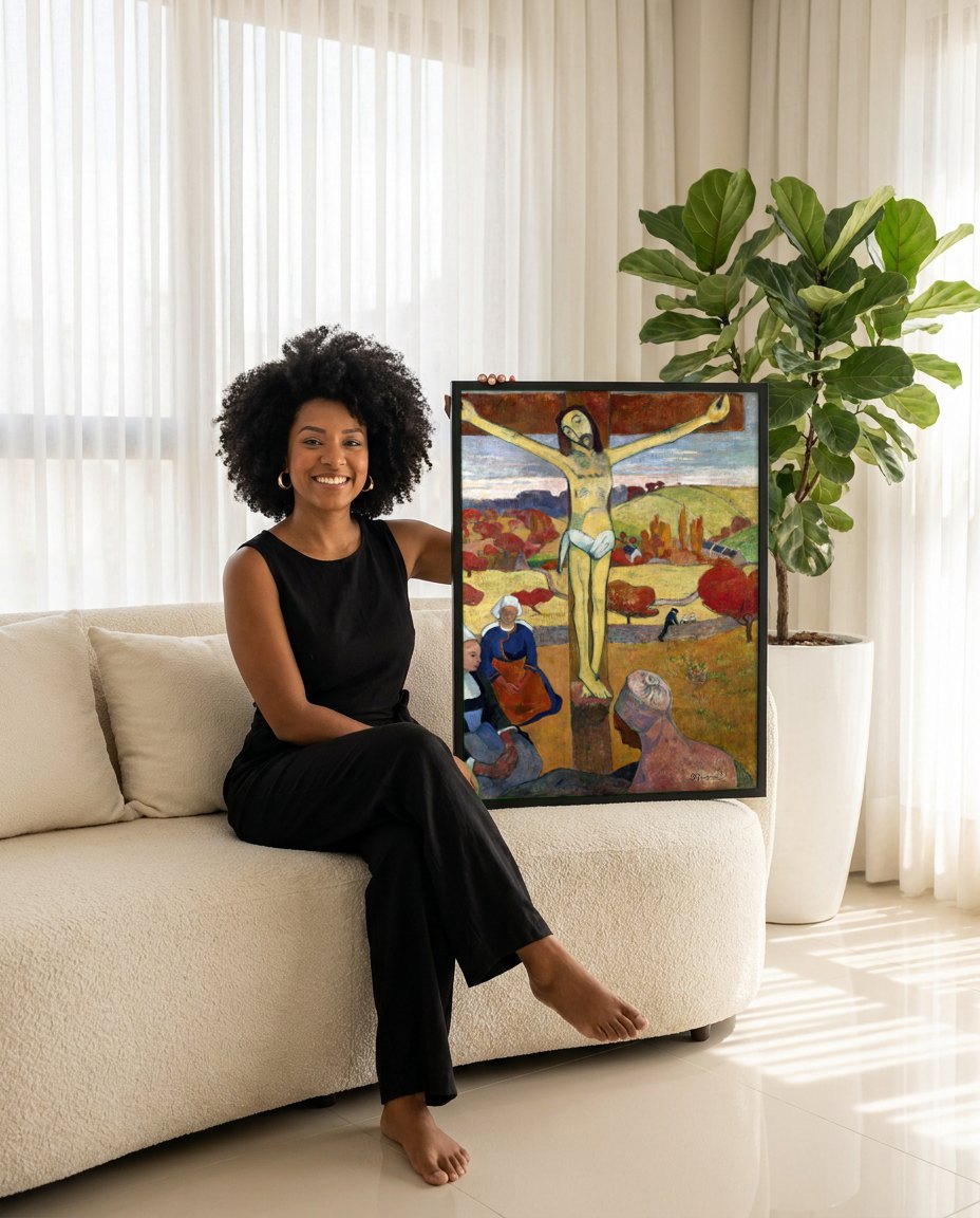 Quadro Decorativo Cristo Amarelo - Gauguin | modelo apresentando o quadro emoldurado