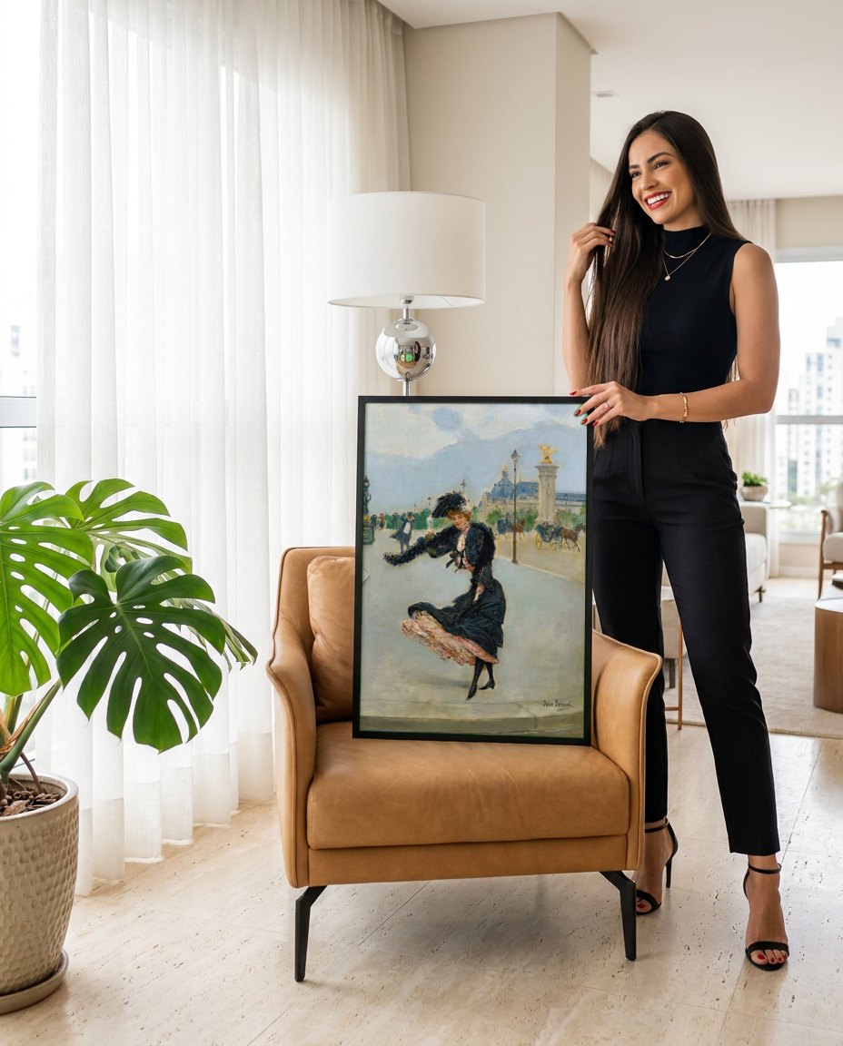 Quadro Decorativo A Mulher ao Vento - Jean Béraud | modelo apresentando o quadro emoldurado