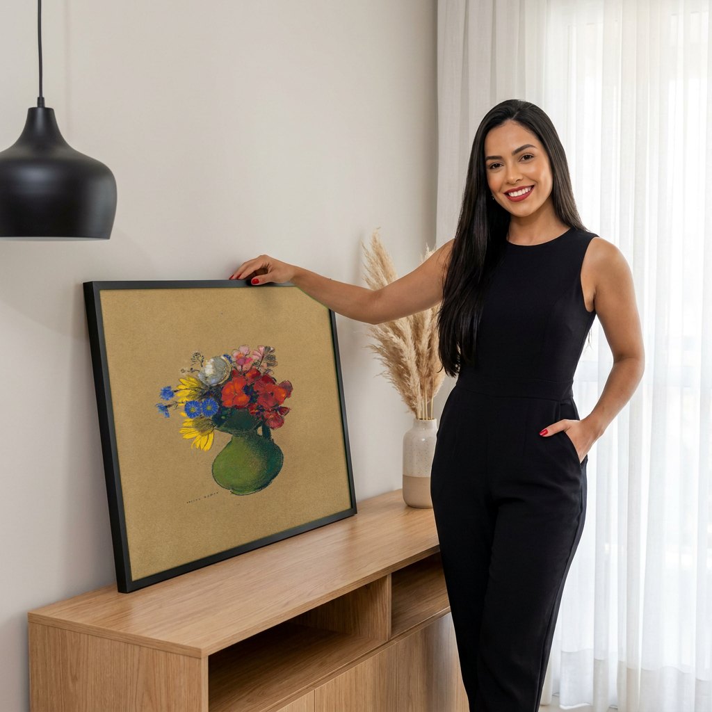 Quadro Decorativo Vaso de Flores - Odilon Redon | modelo apresentando o quadro emoldurado