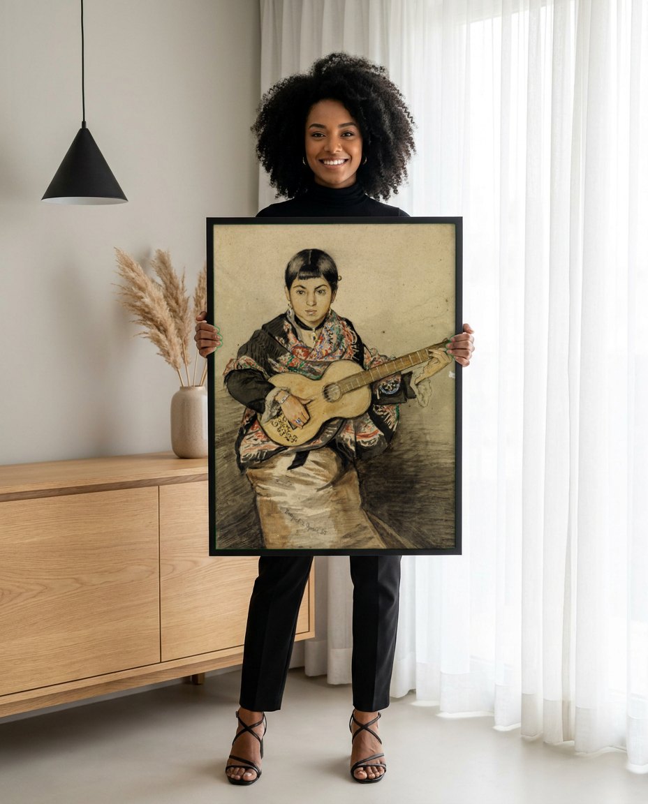 Quadro Decorativo A Jovem com Violão - Hans Thoma | modelo apresentando o quadro emoldurado