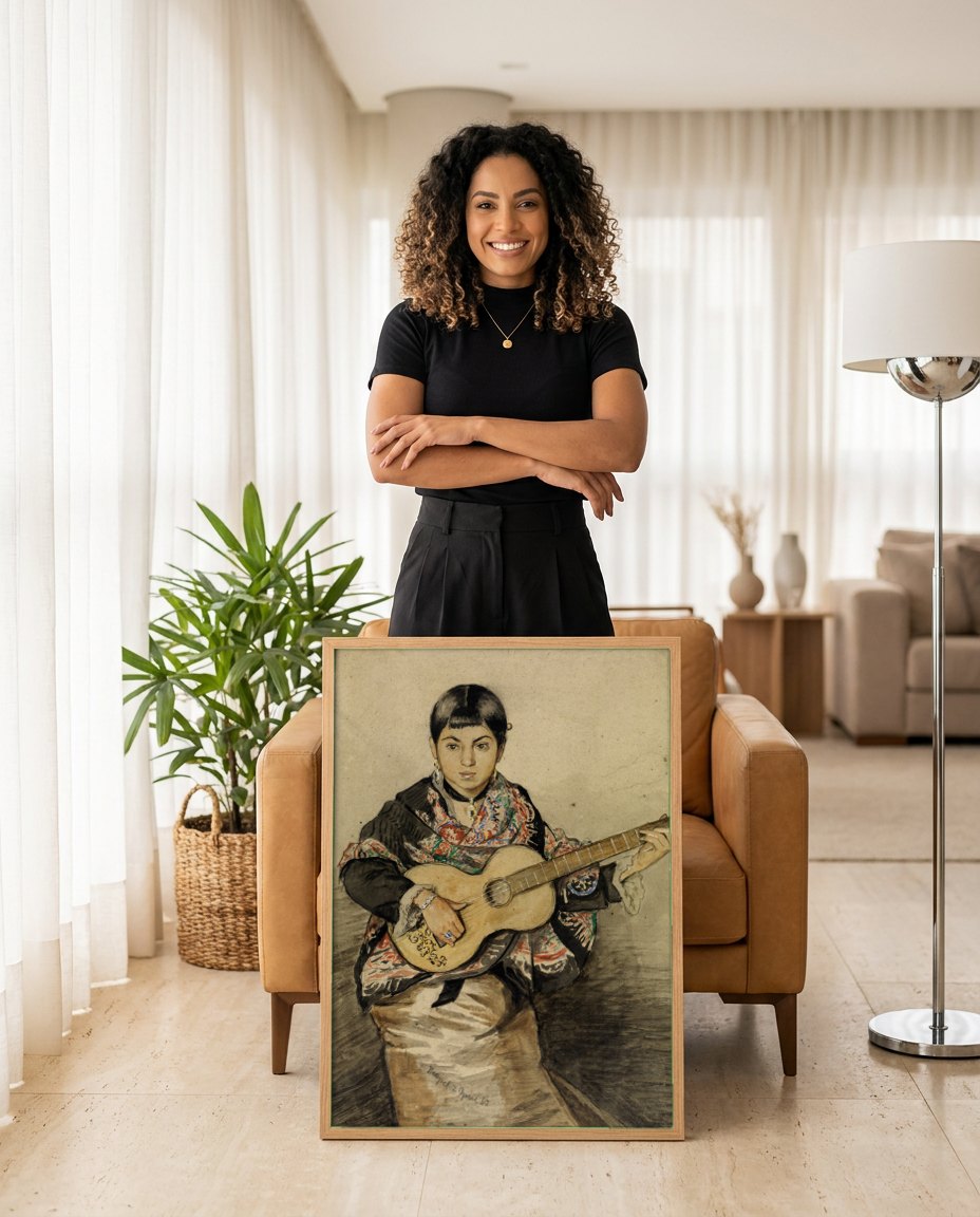 Quadro Decorativo A Jovem com Violão - Hans Thoma | modelo apresentando o quadro emoldurado