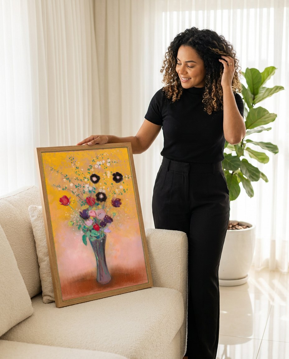 Quadro Decorativo Vaso de Flores - Odilon Redon | modelo apresentando o quadro emoldurado
