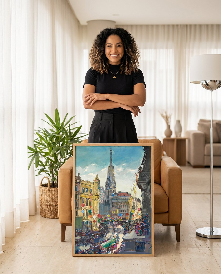 Quadro Decorativo Parada Festiva em Viena - Oskar Laske | modelo apresentando o quadro emoldurado