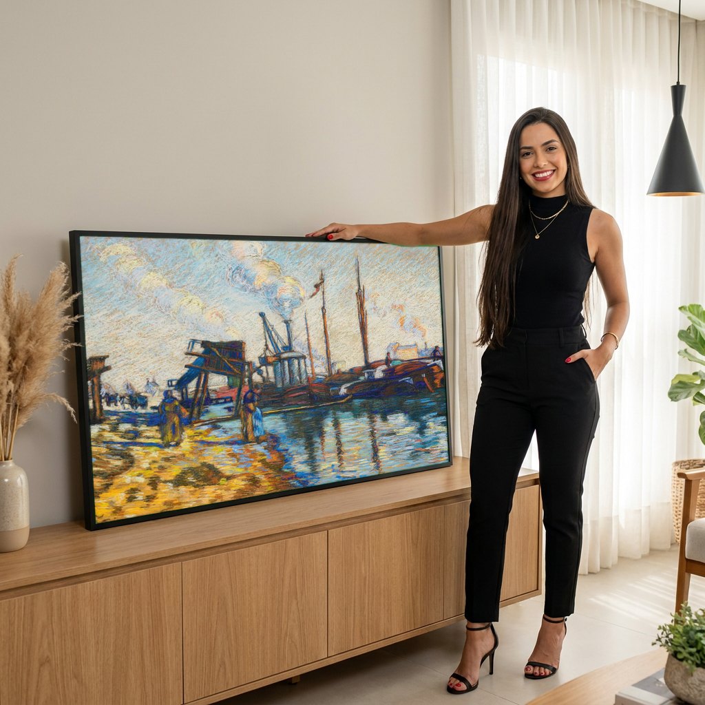 Quadro Decorativo Porto com Barcos - Armand Guillaumin | modelo apresentando o quadro emoldurado