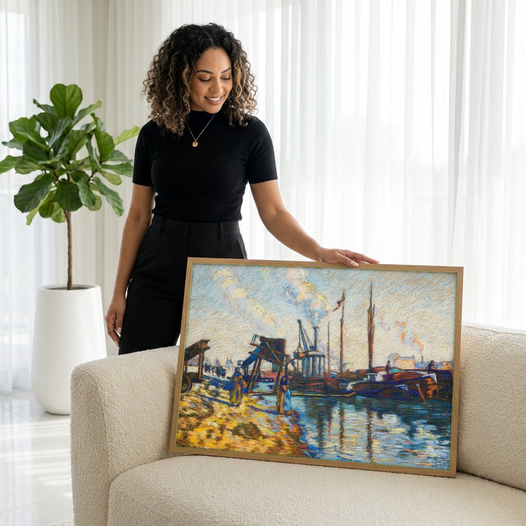 Quadro Decorativo Porto com Barcos - Armand Guillaumin | modelo apresentando o quadro emoldurado