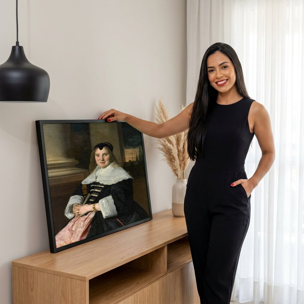 Quadro Decorativo Retrato de Mulher - Frans Hals | modelo apresentando o quadro emoldurado