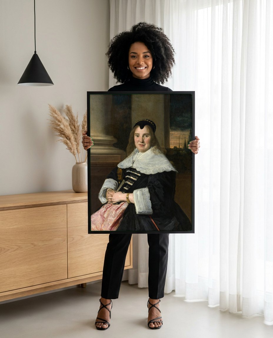 Quadro Decorativo Retrato de Mulher - Frans Hals | modelo apresentando o quadro emoldurado