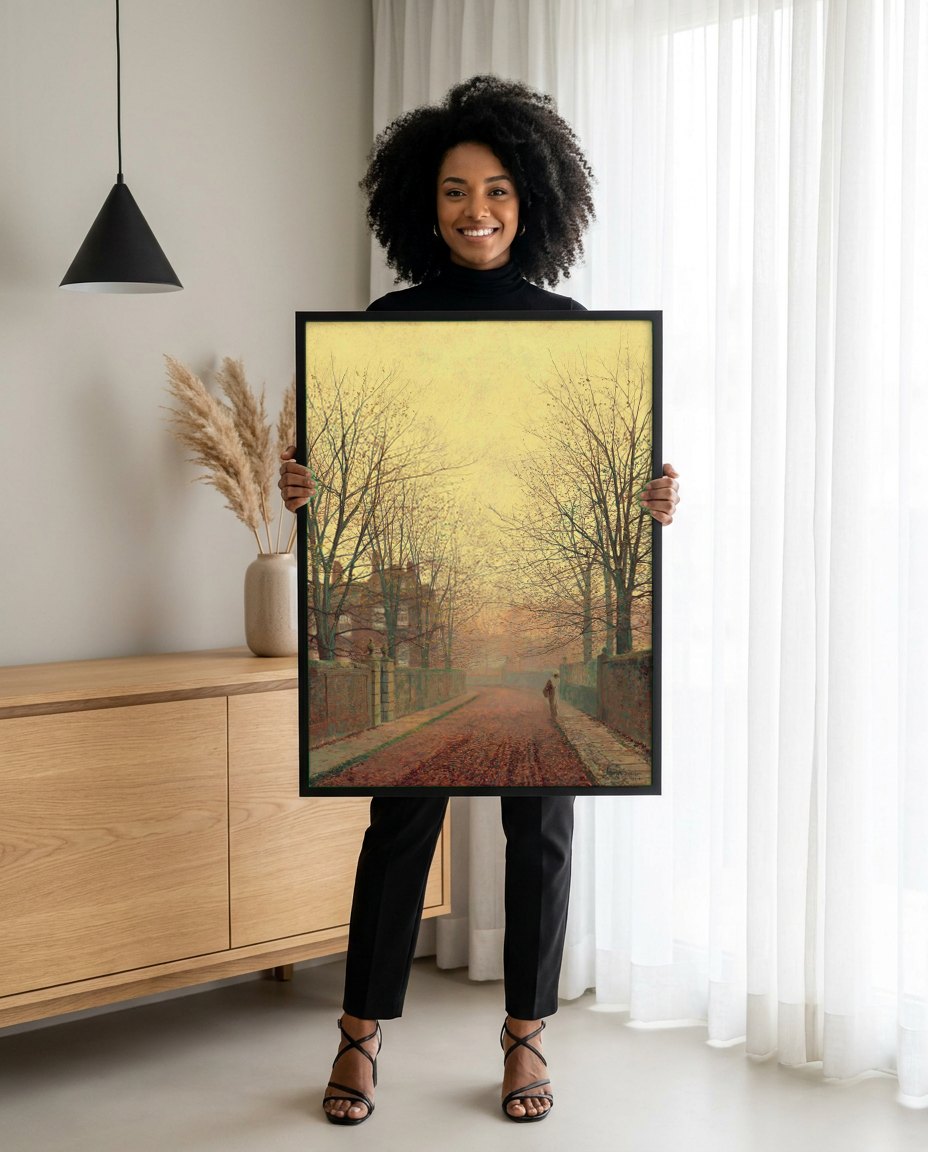 Quadro Decorativo 'Outono no Parque' - John Atkinson Grimshaw | modelo apresentando o quadro emoldurado