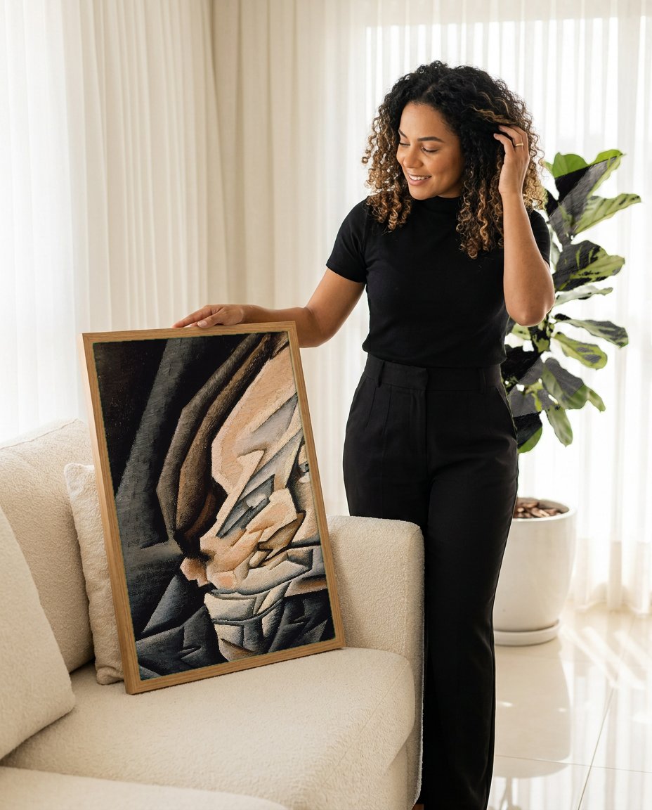 Quadro Decorativo Retrato Cubista - Juan Gris com modelo em ambiente