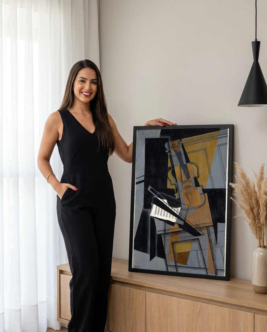 Quadro Decorativo Violino e Piano - Juan Gris com modelo em ambiente
