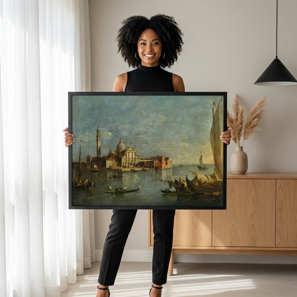 Quadro Decorativo Vista da Ilha de San Giorgio Maggiore - Guardi com modelo em ambiente