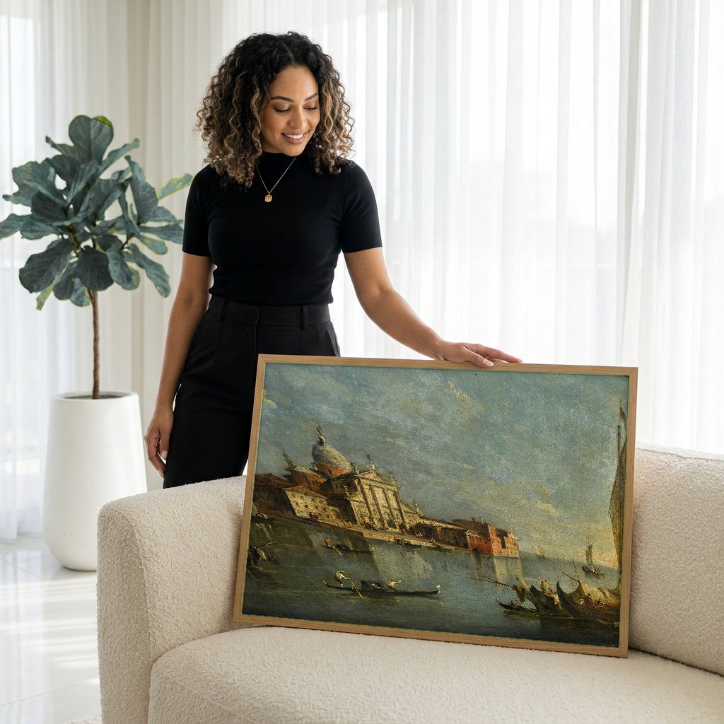 Quadro Decorativo Vista da Ilha de San Giorgio Maggiore - Guardi com modelo em ambiente