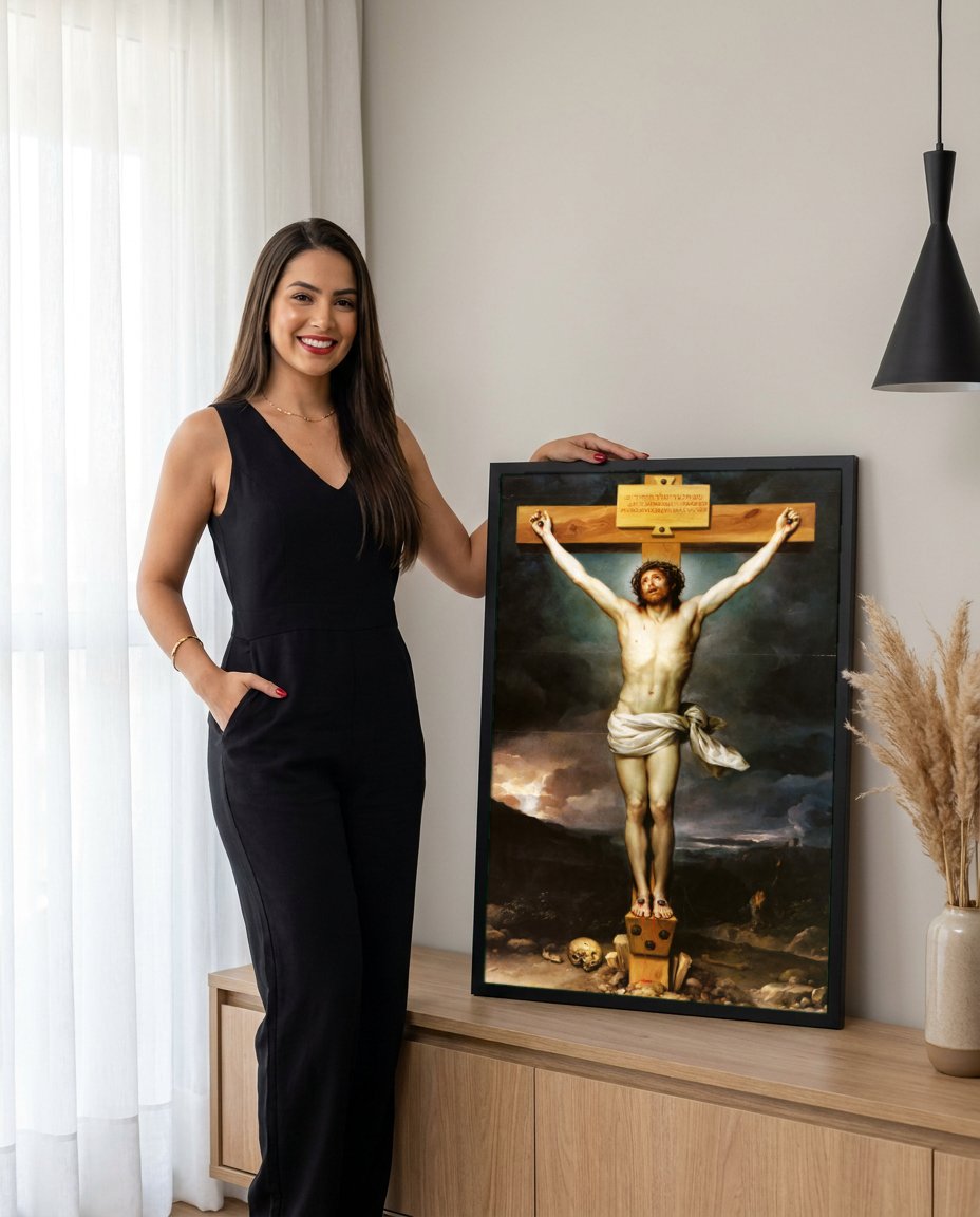 Quadro Decorativo A Crucificação - Anton Raphael Mengs com modelo em ambiente