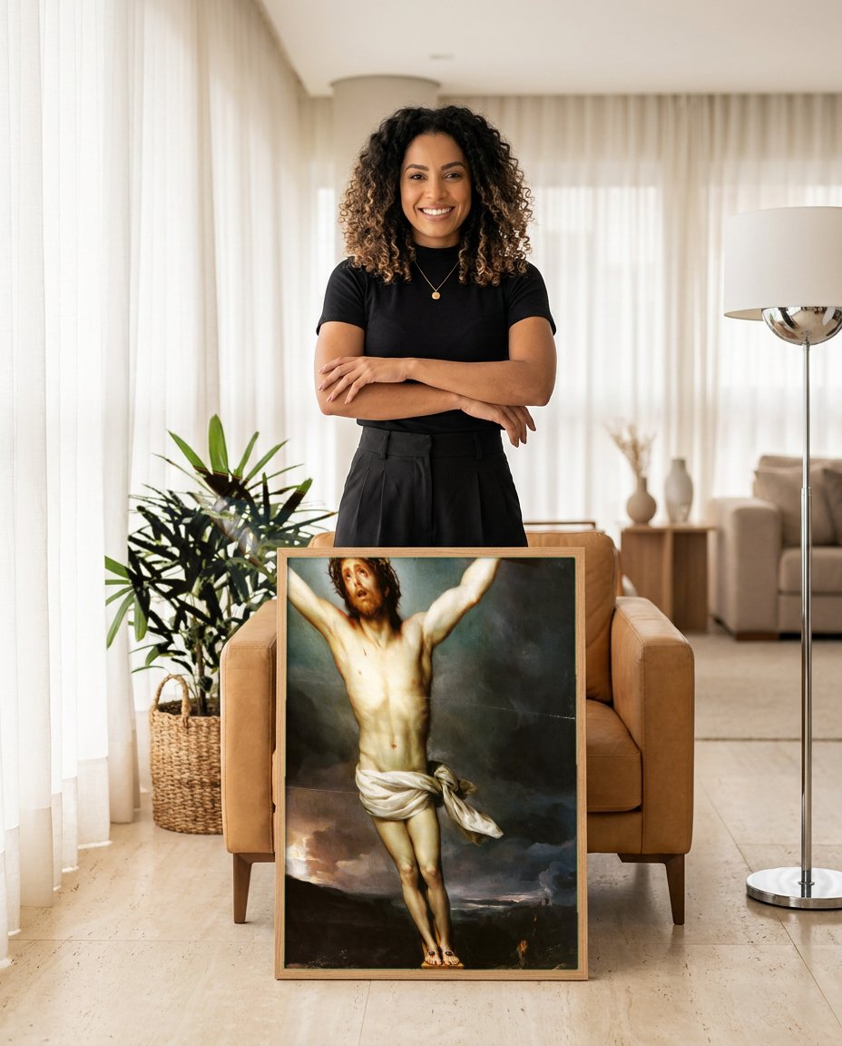 Quadro Decorativo A Crucificação - Anton Raphael Mengs com modelo em ambiente
