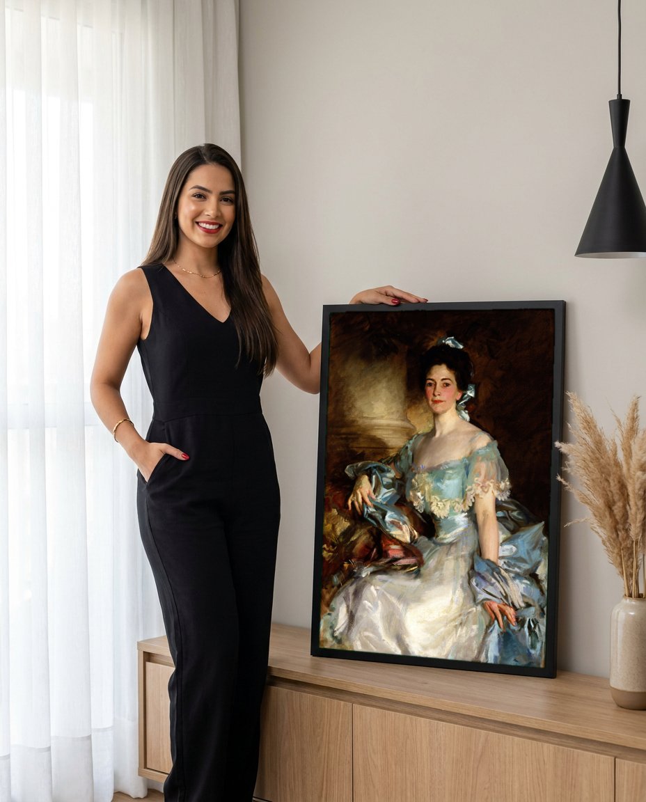 Quadro Decorativo Senhora em Azul - John Singer Sargent com modelo em ambiente