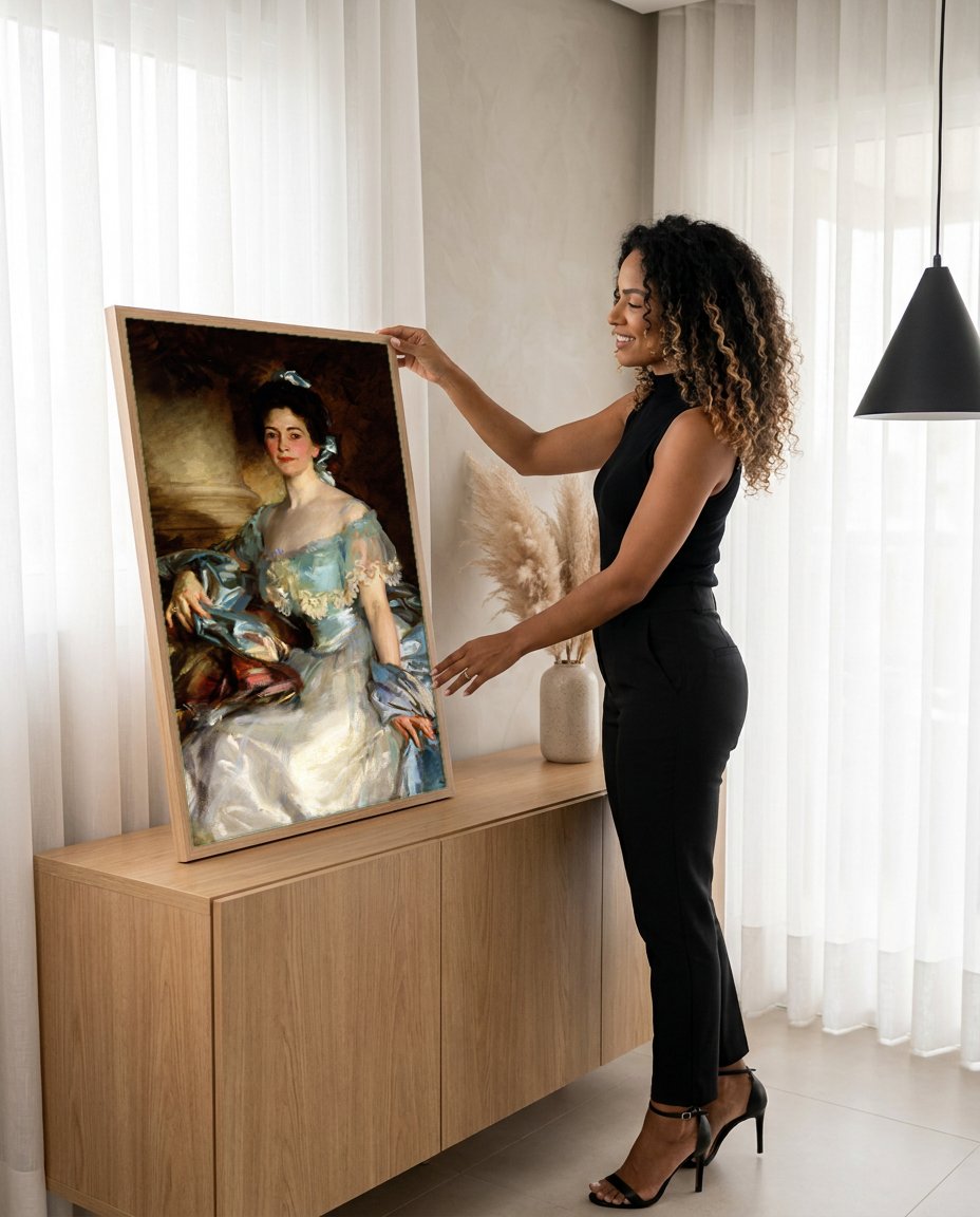 Quadro Decorativo Senhora em Azul - John Singer Sargent com modelo em ambiente