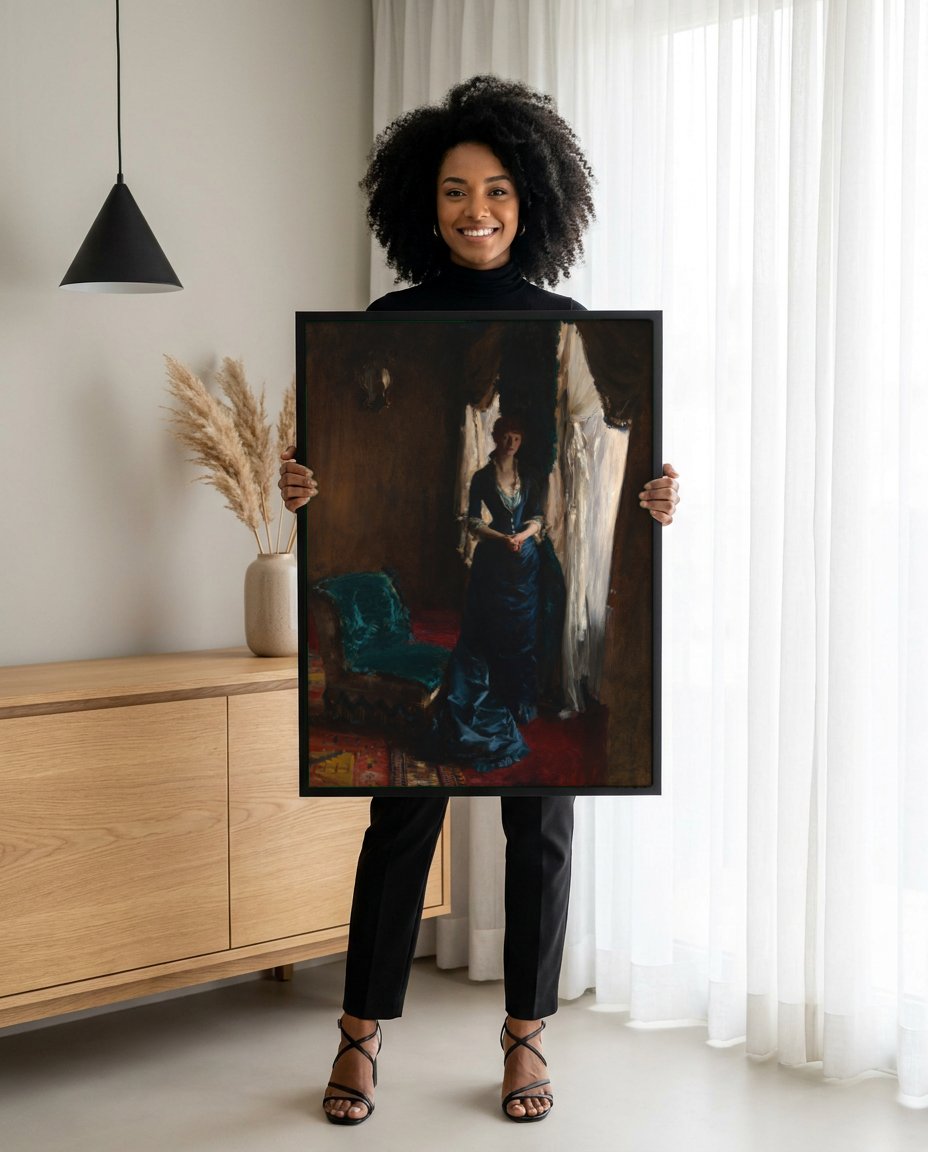 Quadro Decorativo Senhora em Azul - John Singer Sargent com modelo em ambiente