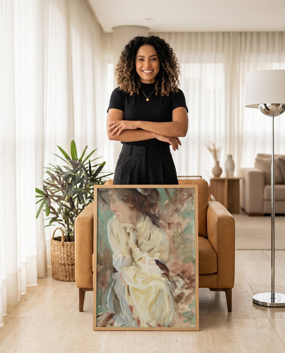 Quadro Decorativo Dama com Chapeu - John Singer Sargent com modelo em ambiente