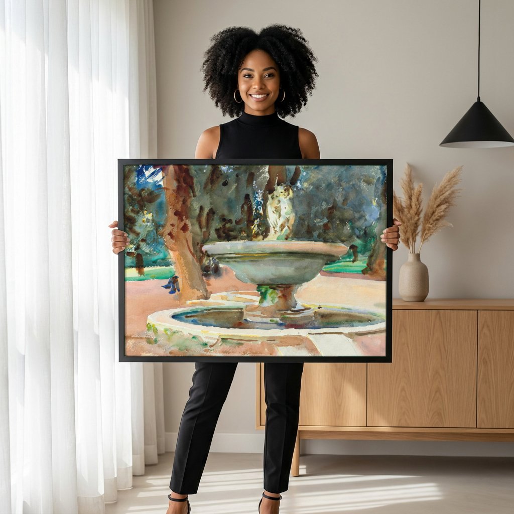 Quadro Decorativo Fonte no Jardim - John Singer Sargent com modelo em ambiente