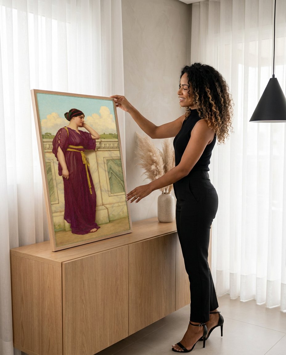 Quadro Decorativo A Contempladora - John William Godward com modelo em ambiente