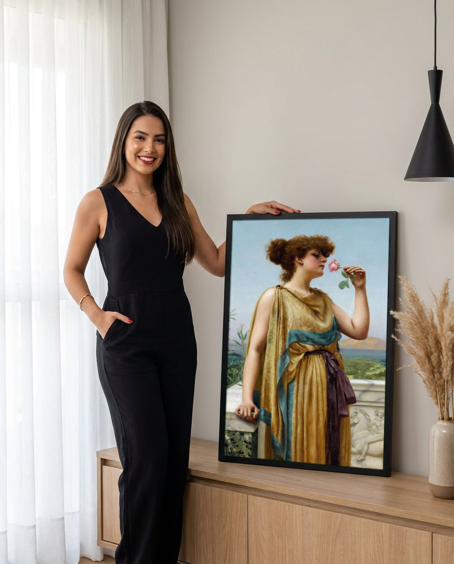 Quadro Decorativo A Rosa Perfeita - John William Godward com modelo em ambiente