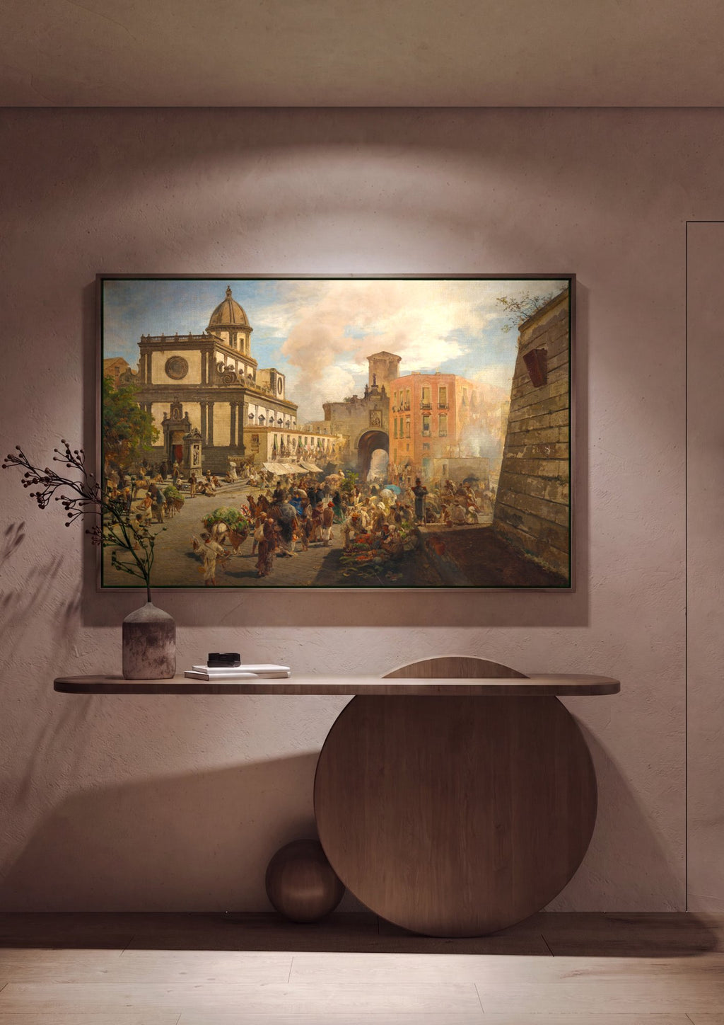 Quadro Decorativo Mercado Vibrante em Nápoles - Oswald Achenbach em ambiente decorado