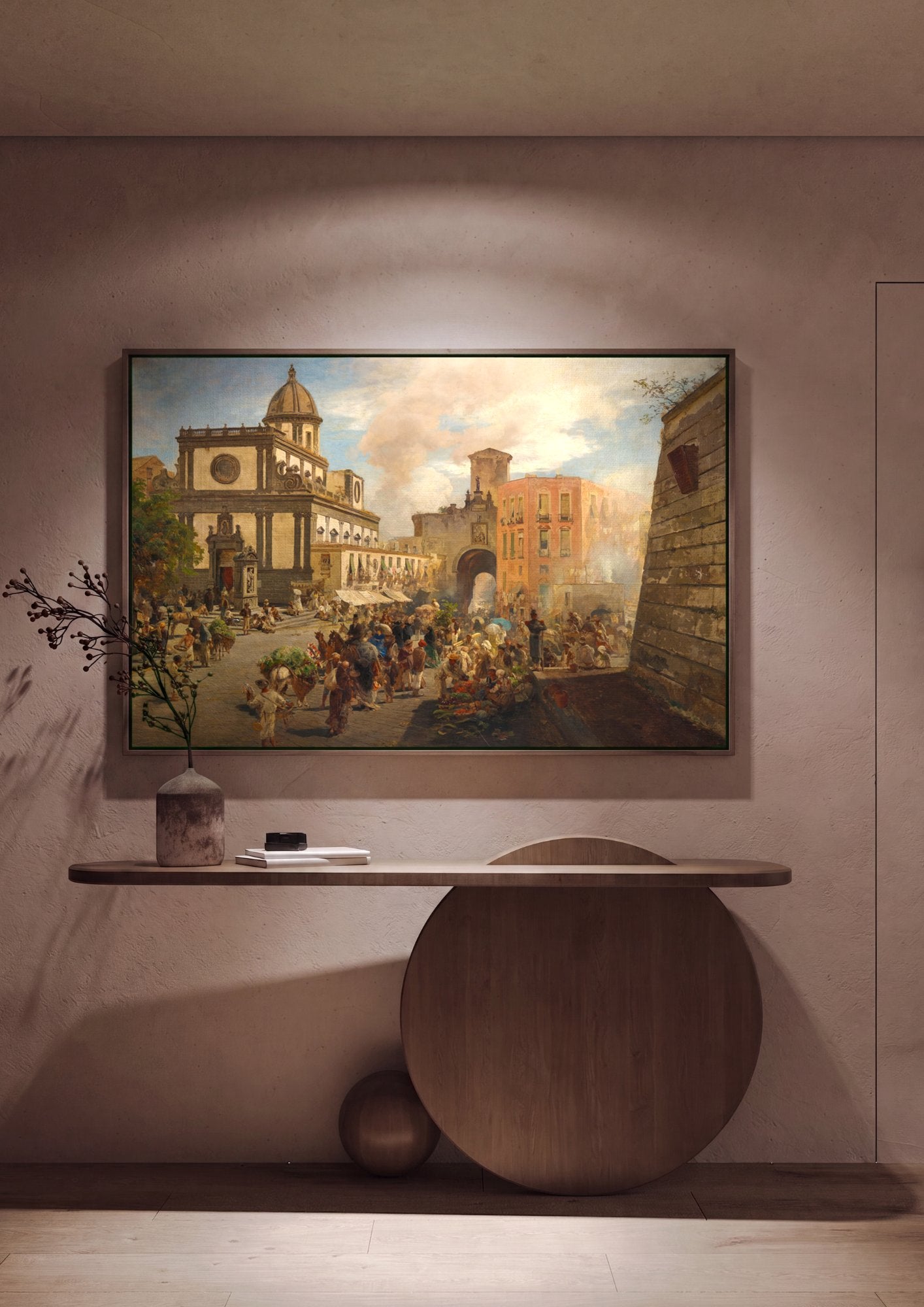 Quadro Decorativo Mercado Vibrante em Nápoles - Oswald Achenbach em ambiente decorado