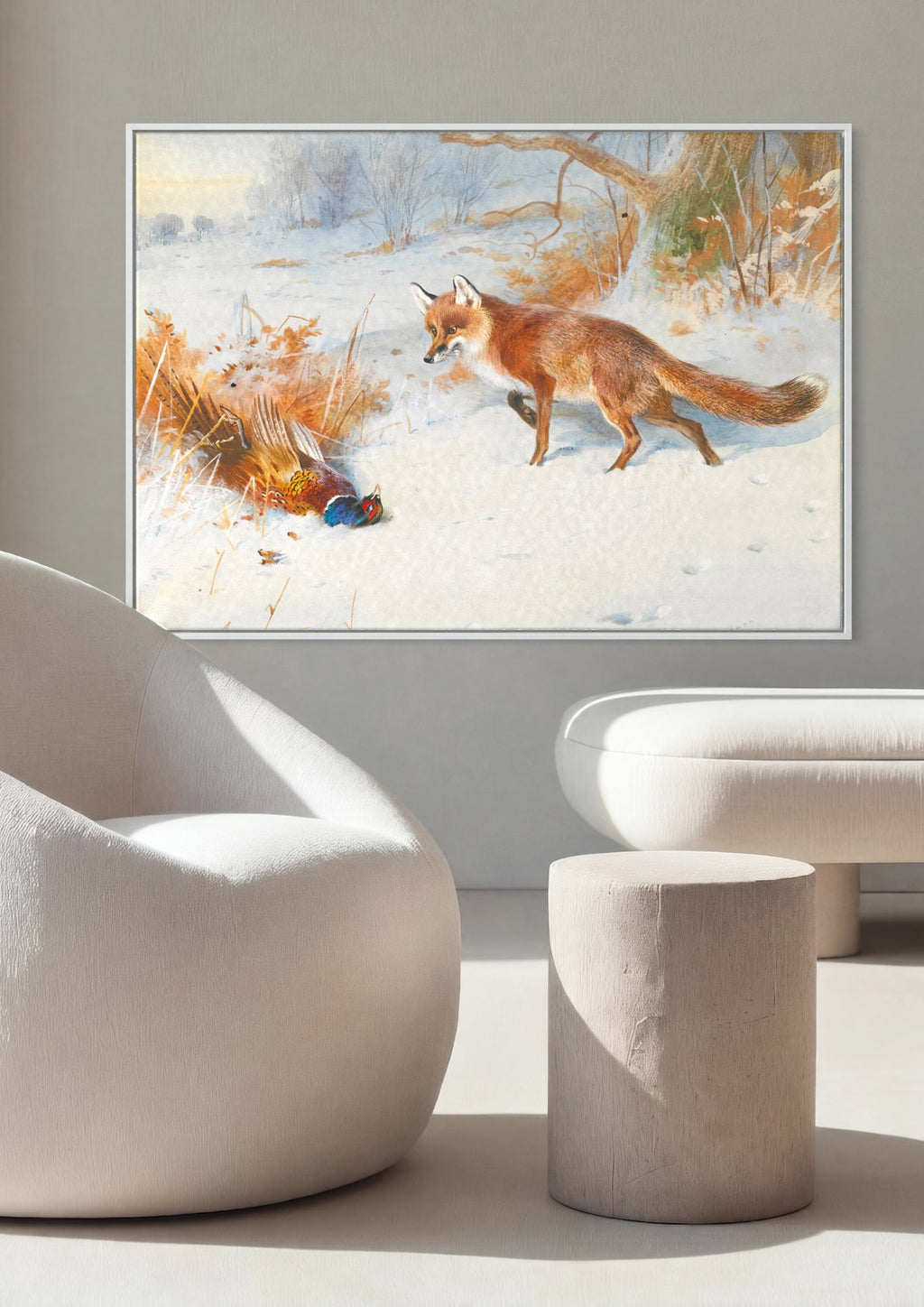 Quadro Decorativo A Raposa e o Faisão na Neve - Archibald Thorburn em ambiente decorado