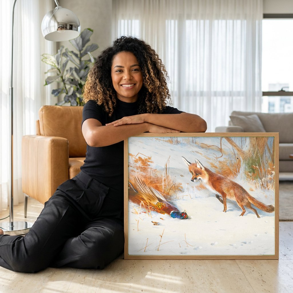 Quadro Decorativo A Raposa e o Faisão na Neve - Archibald Thorburn com modelo em ambiente
