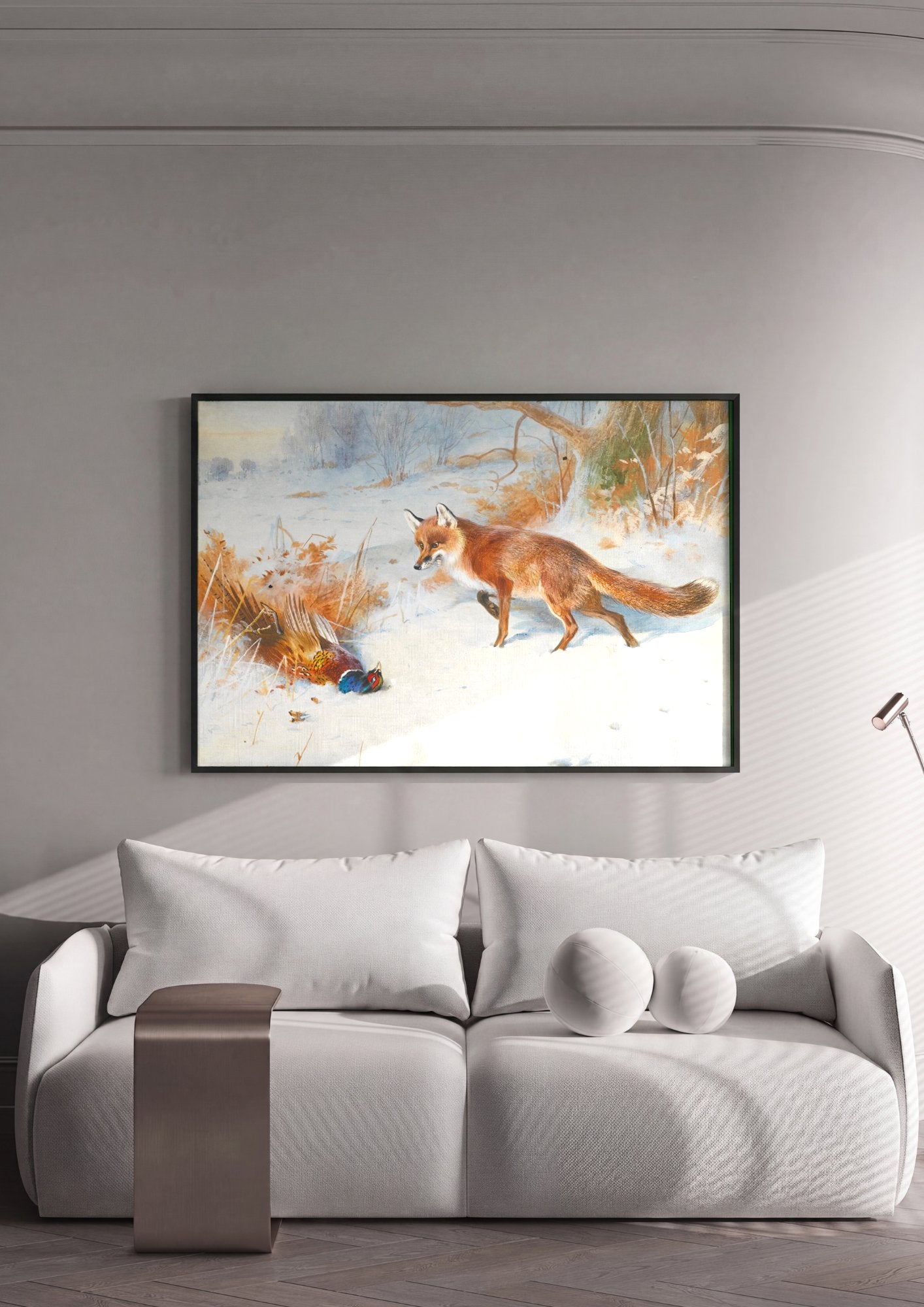Quadro Decorativo A Raposa e o Faisão na Neve - Archibald Thorburn em ambiente decorado