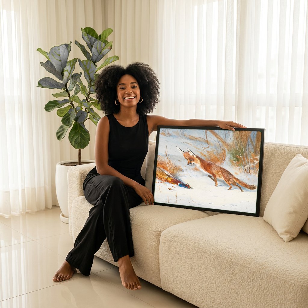 Quadro Decorativo A Raposa e o Faisão na Neve - Archibald Thorburn com modelo em ambiente