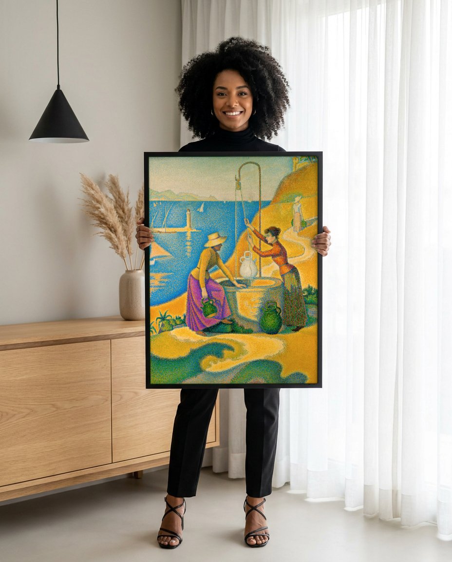 Quadro Decorativo A Fonte – Paul Signac com modelo em ambiente