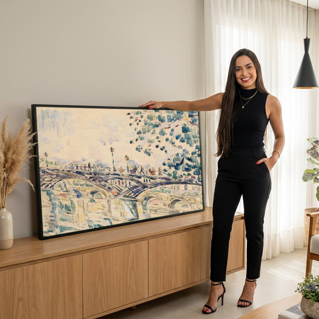 Quadro Decorativo Pont Neuf - Paul Signac com modelo em ambiente