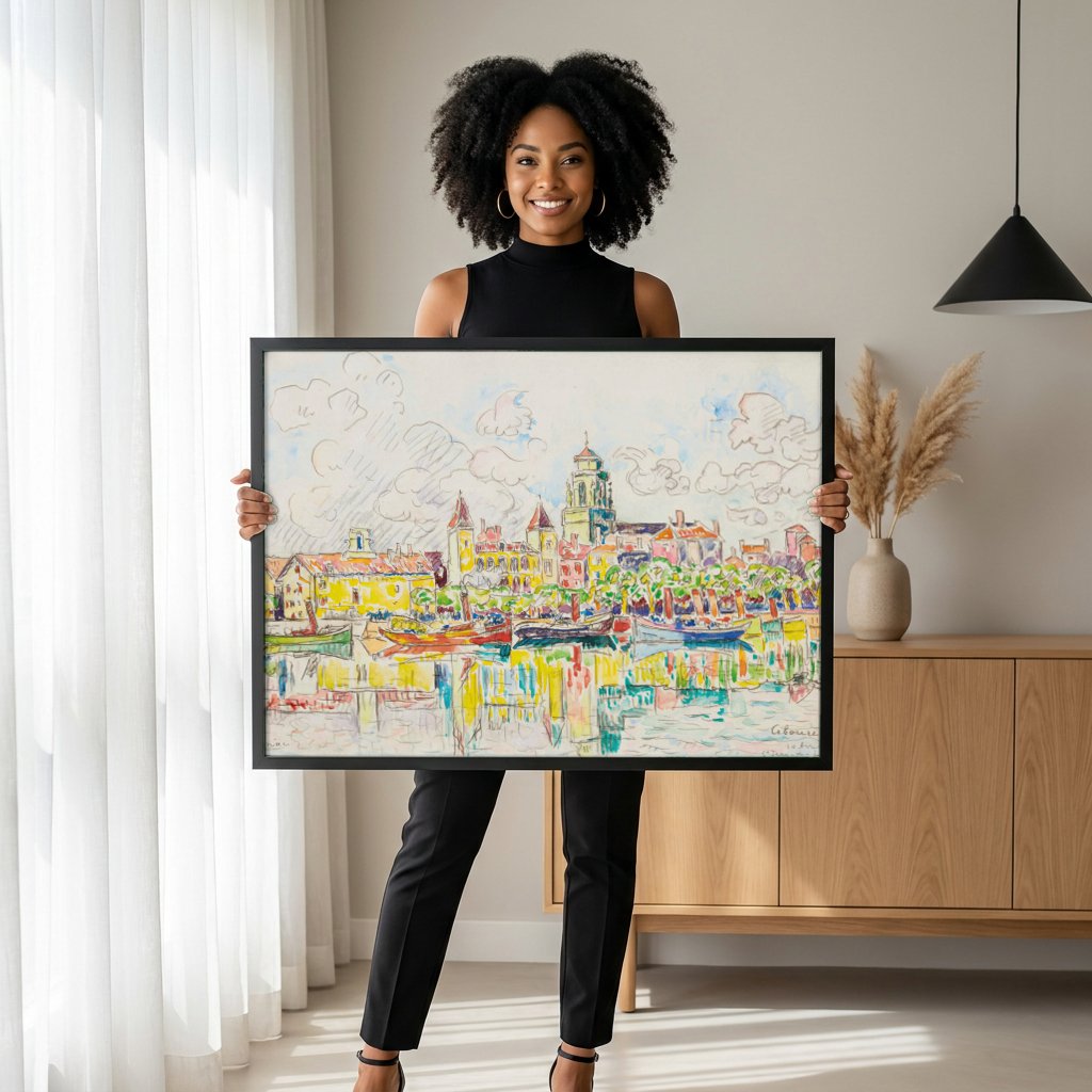 Quadro Decorativo Porto Vibrante - Signac com modelo em ambiente