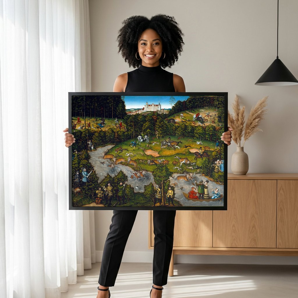 Quadro Decorativo A Caça ao Veado - Cranach, o Velho com modelo em ambiente