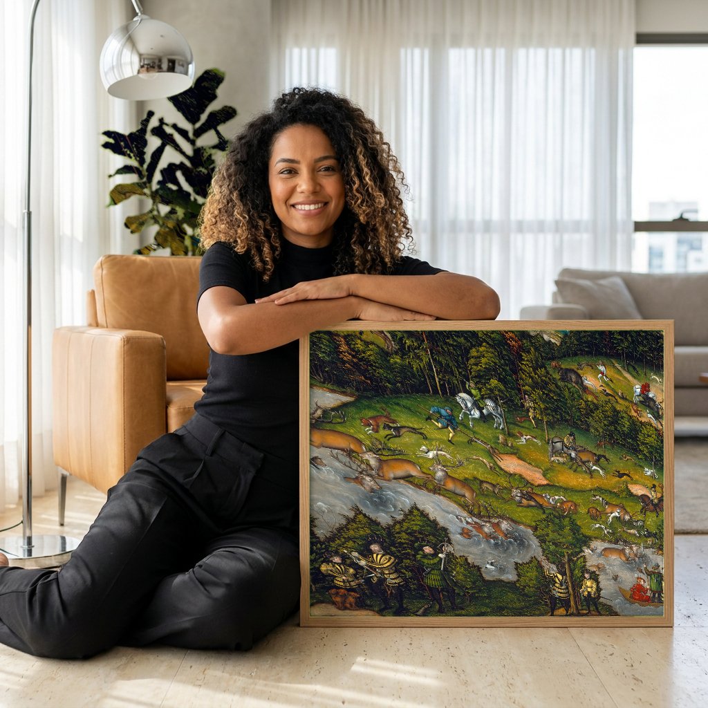 Quadro Decorativo A Caça ao Veado - Cranach, o Velho com modelo em ambiente