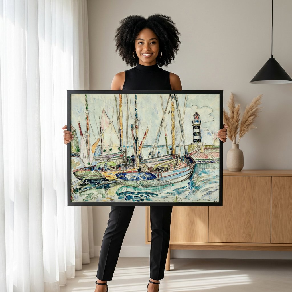Quadro Decorativo Porto com Farol - Signac com modelo em ambiente