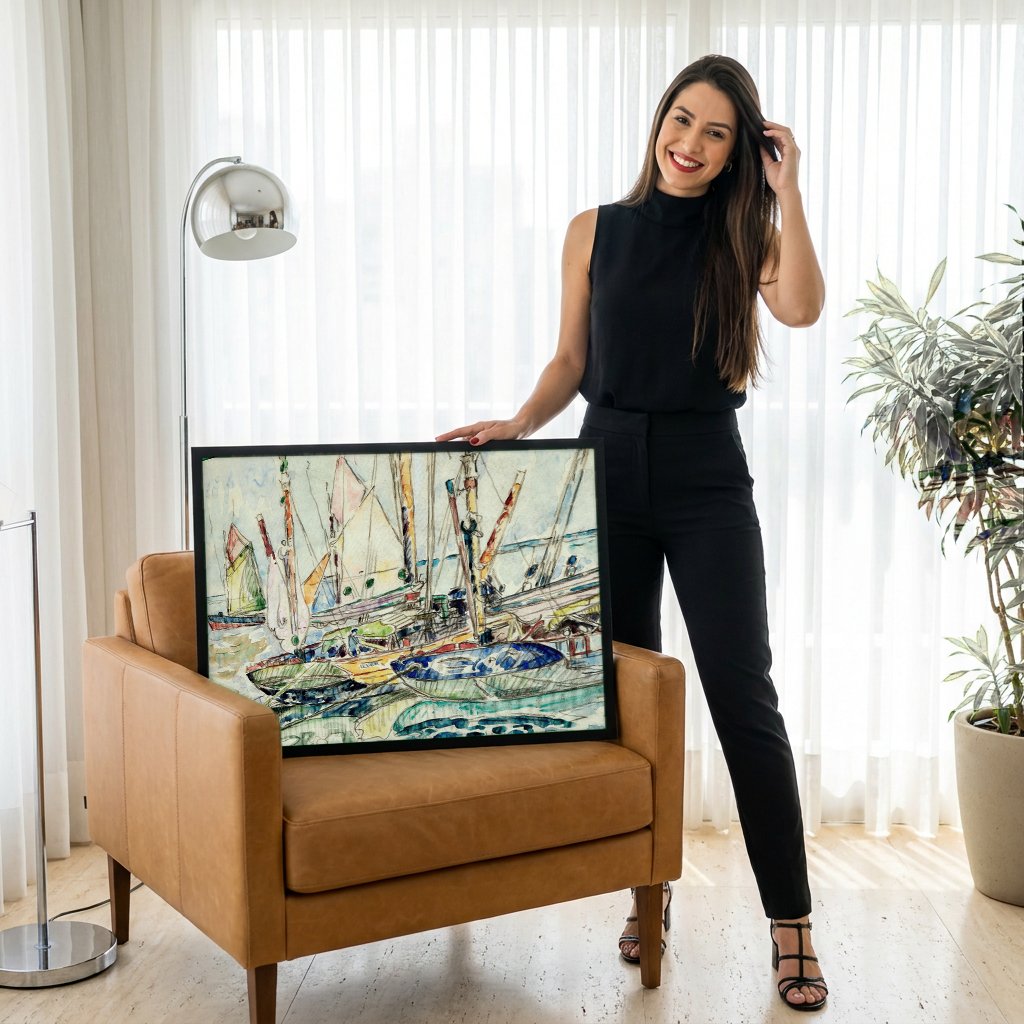 Quadro Decorativo Porto com Farol - Signac com modelo em ambiente