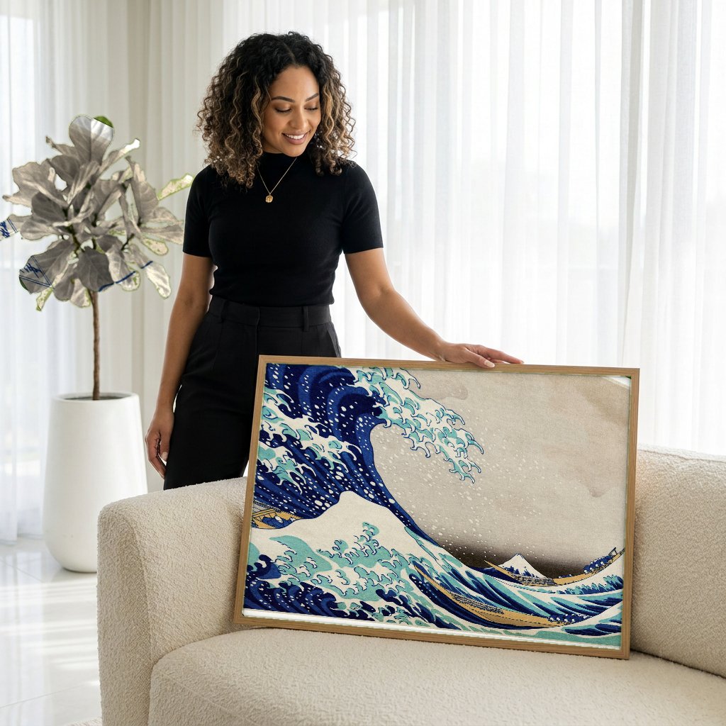 Quadro Decorativo A Grande Onda de Kanagawa - Hokusai com modelo em ambiente