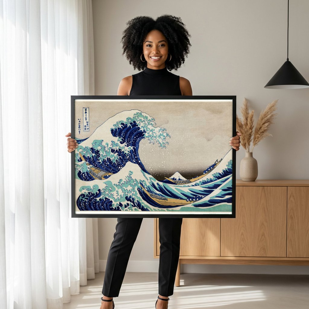 Quadro Decorativo A Grande Onda de Kanagawa - Hokusai com modelo em ambiente