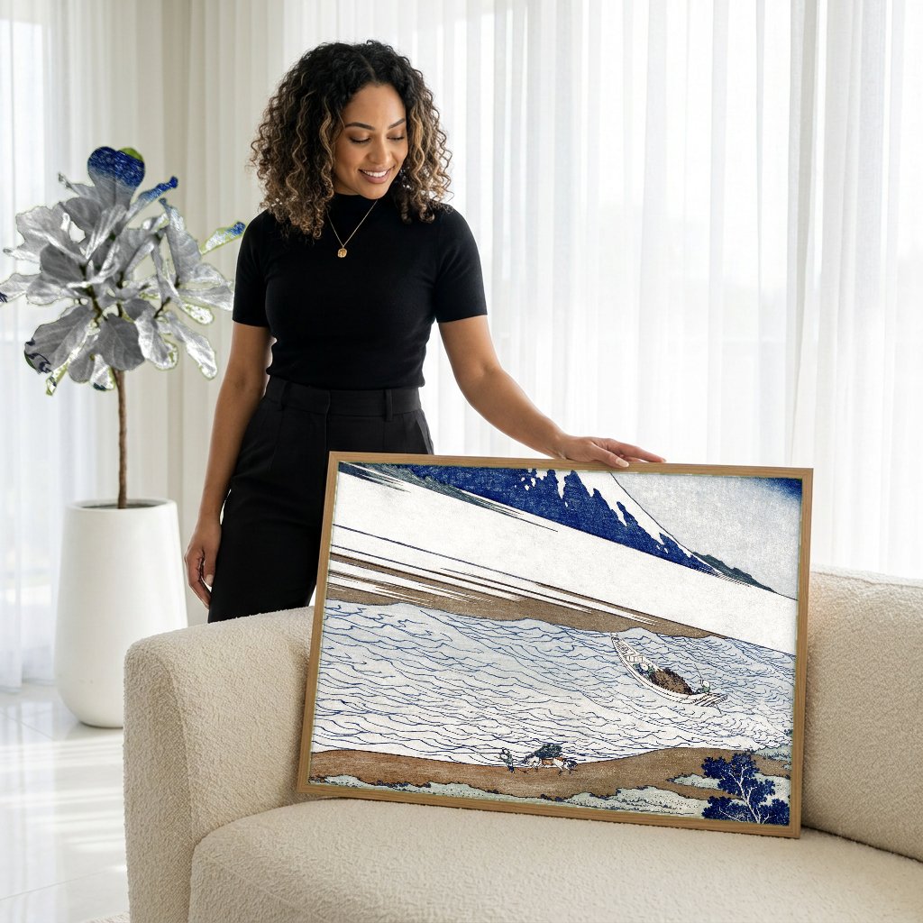 Quadro Decorativo A Grande Onda de Kanagawa - Hokusai com modelo em ambiente