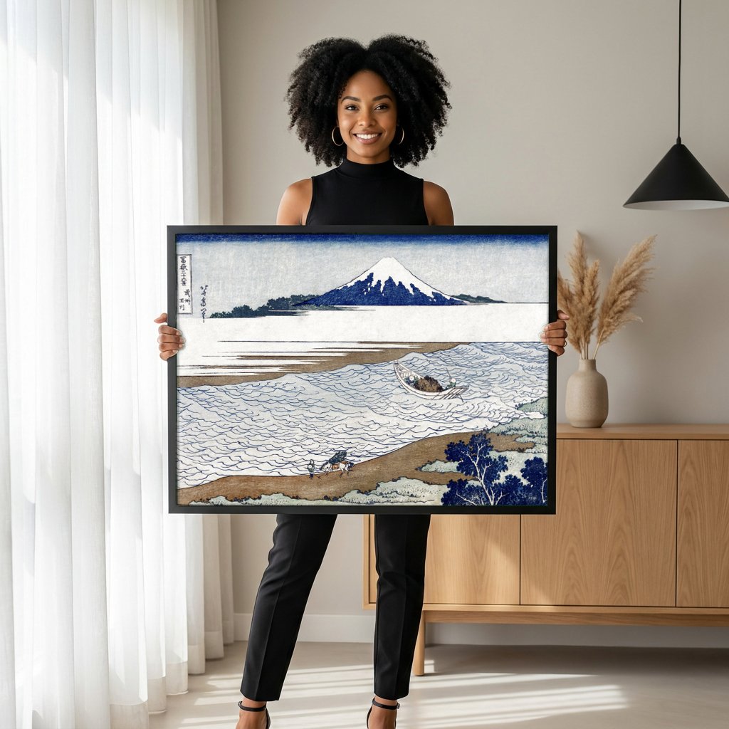 Quadro Decorativo A Grande Onda de Kanagawa - Hokusai com modelo em ambiente