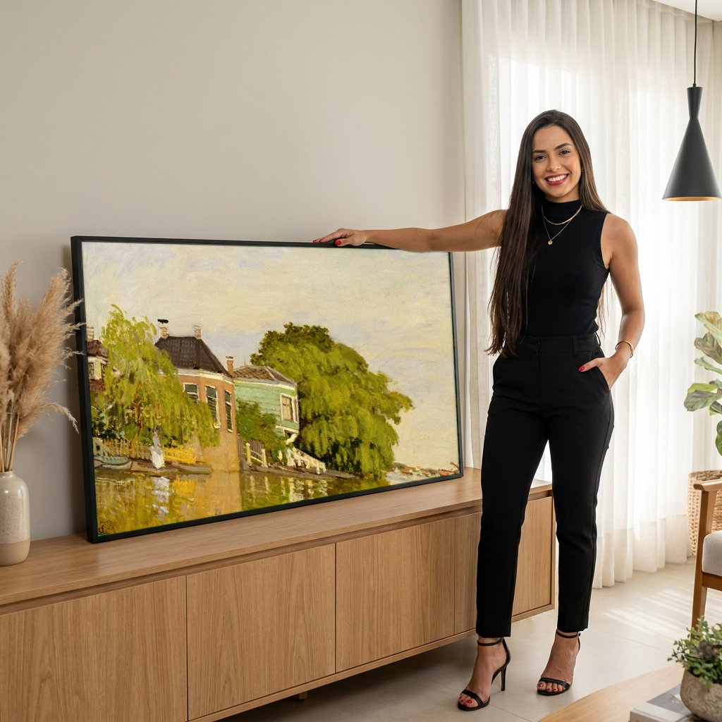 Quadro Decorativo Casas à Beira do Canal - Monet com modelo em ambiente
